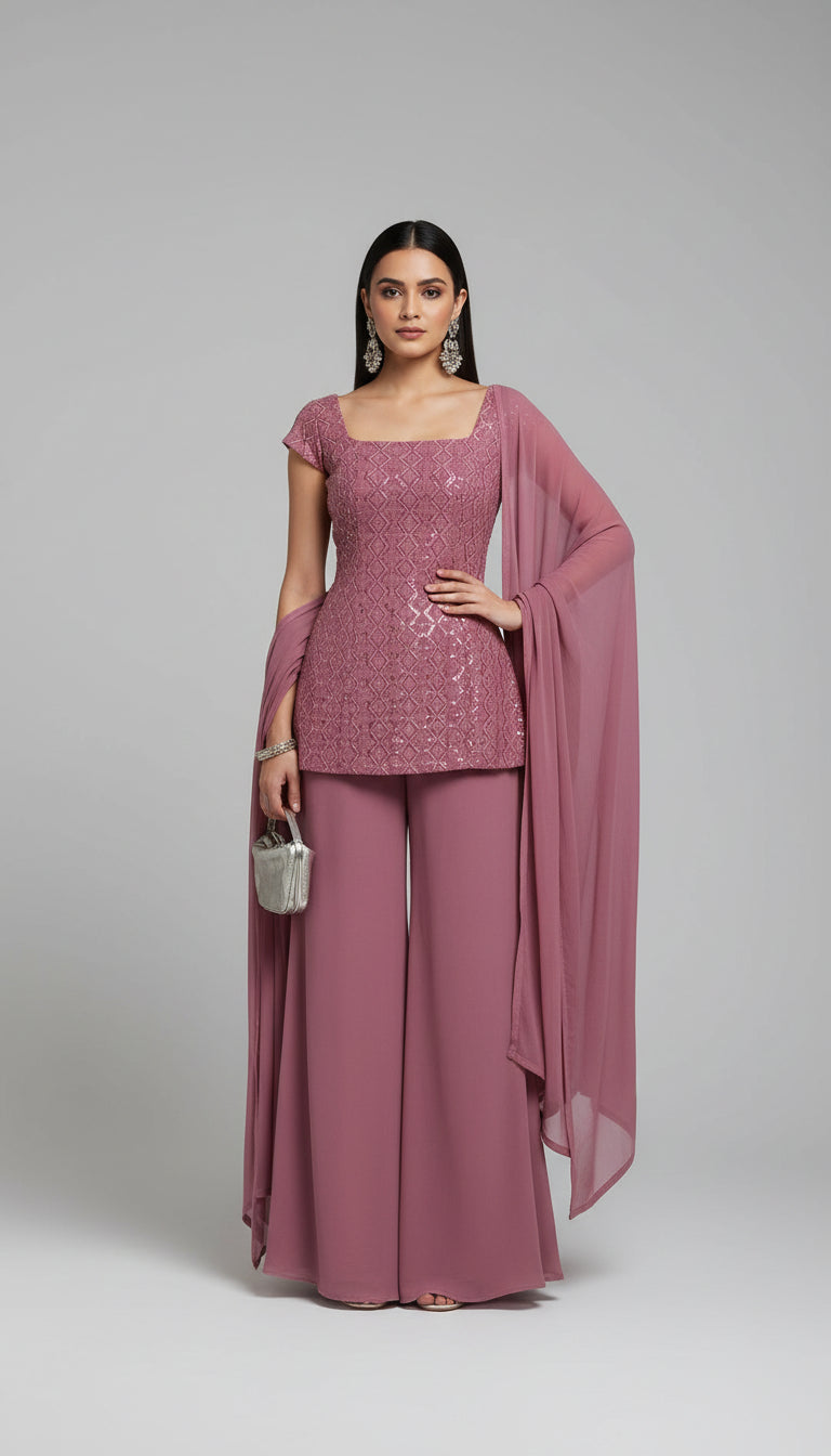 Woman in a pink traditional outfit holding a small bag indoors.
