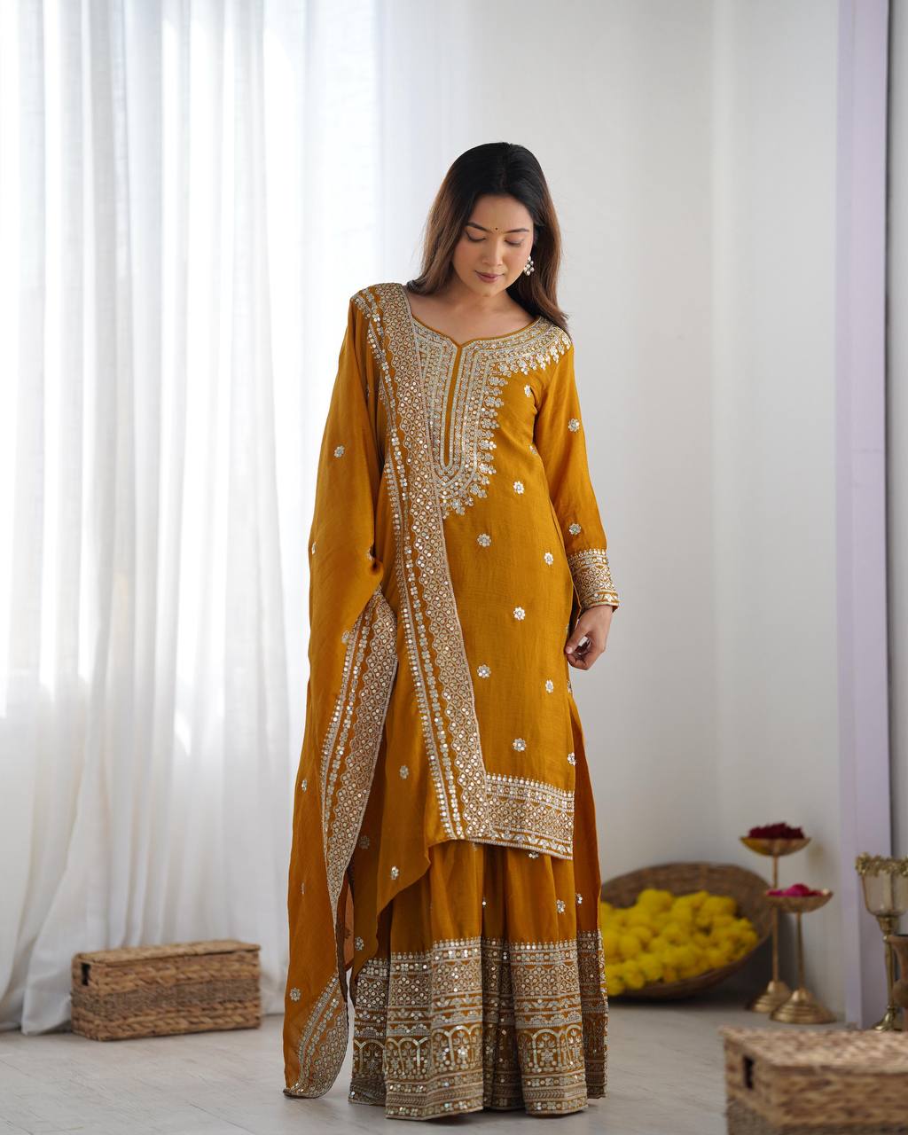 Mustard Yellow Punjabi Sharara set fully stitched