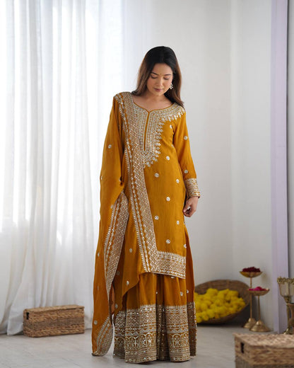 Mustard Yellow Punjabi Sharara set fully stitched