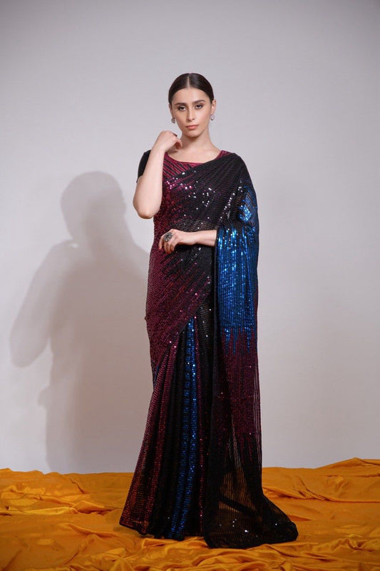 Red, Black and Blue Bollywood Style Fully Sequins shimmering Saree with Stitched Blouse