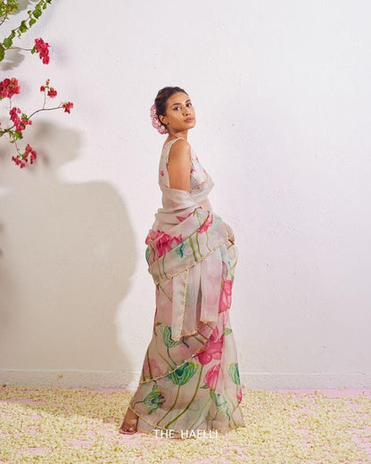 Soft Silk Floral Val Moti Work Border Saree With Stitched Blouse Options