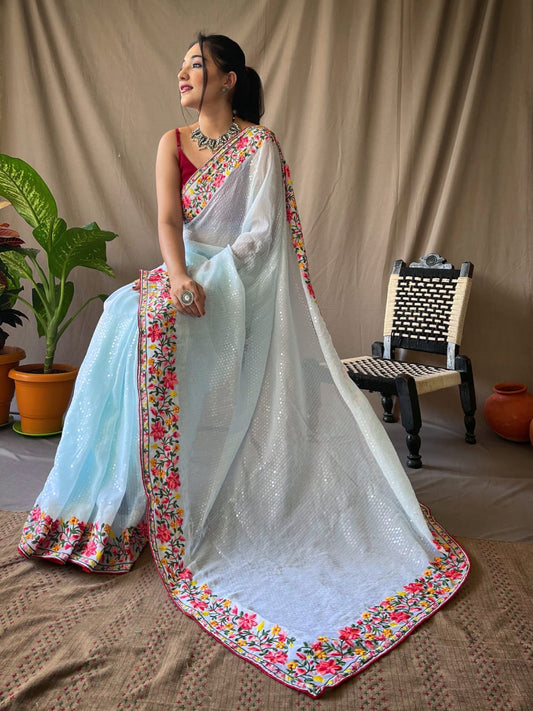 Pure georgette saree with sequence work all over saree with stitched blouse