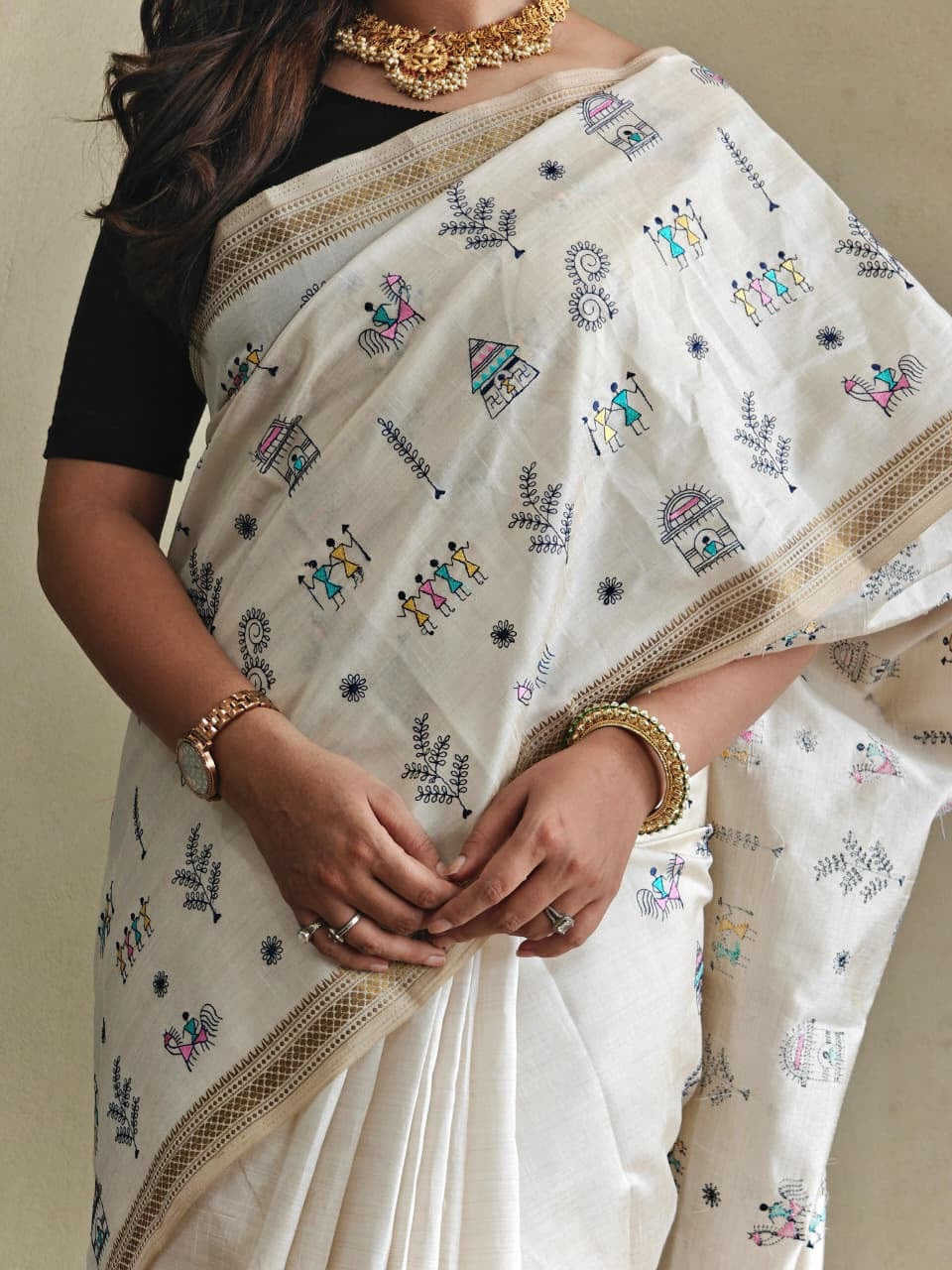 Saheli - Pure Loom Tussar Silk with Beautiful Embroidery Doodle Art and Stitched Blouse Options