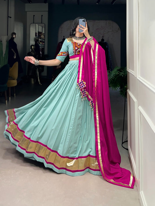 Unique Sea Blue Chaniya Choli for this Navratri Season with Traditional Art
