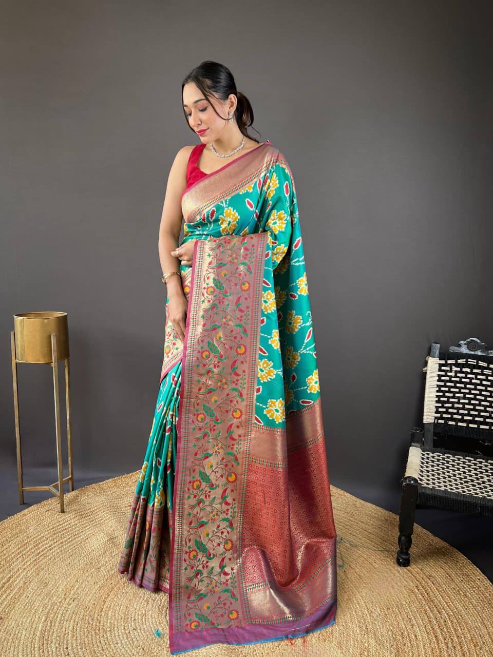Premium Soft Silk With Rich Patola Weaving and Contast Pallu with Stitched Blouse