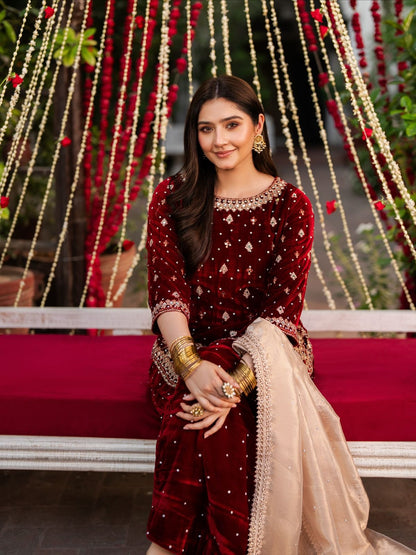 Pure Velvet Maroon Pink Punjabi Suit with Plazo Fully Stitched
