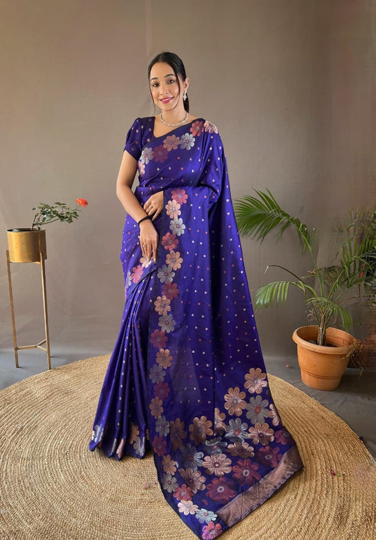 Palki - Soft Silk Copper and Gold Zari Weaving Flower Weaved Saree with Stitched Blouse Options