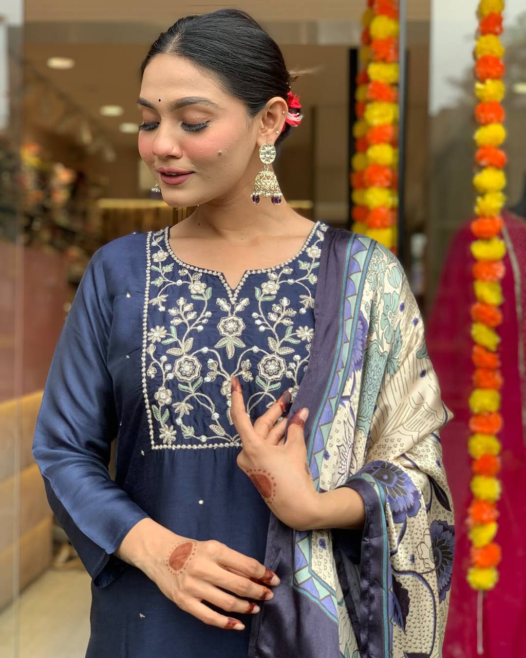 Navy Blue Viscos Silk Beautiful Embroidered Kurti Set for all occasions