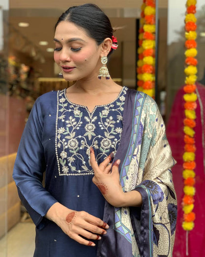 Navy Blue Viscos Silk Beautiful Embroidered Kurti Set for all occasions