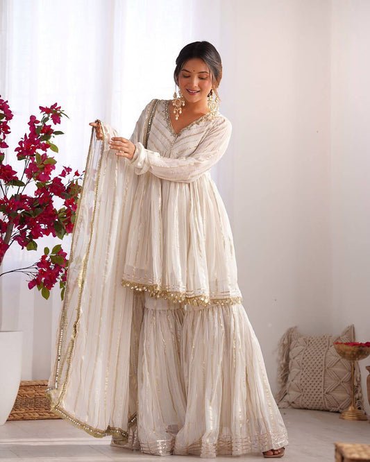 Erika - Premium Soft Mal Fabric White Elegant Sharara Suit Fully Stitched
