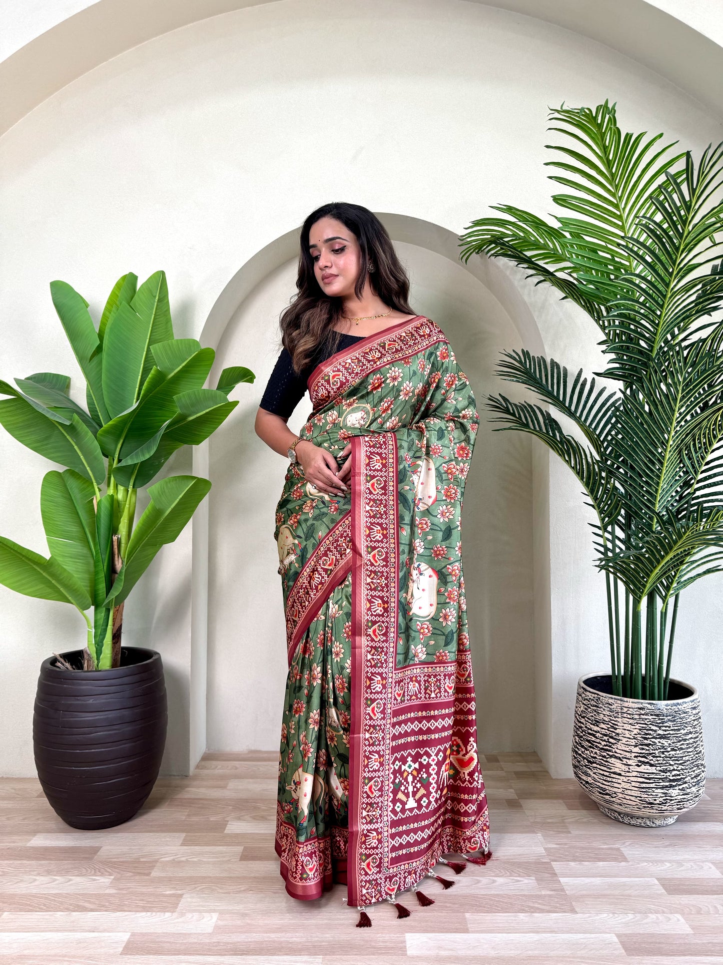 Ramya - Beautiful Dola Silk Printed Saree with Stitched Blouse Options