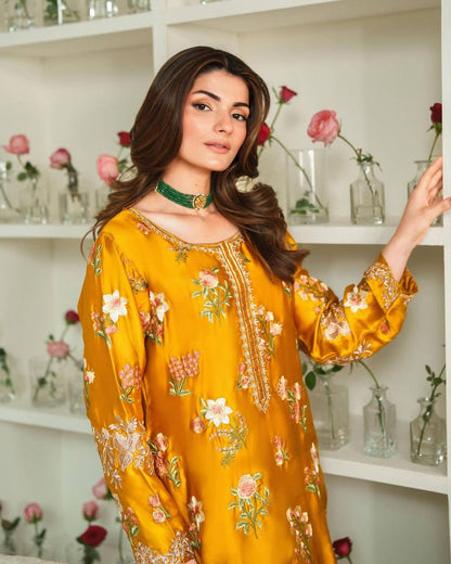 Mustard & Mahendi Floral Embroidery Salwar Suit Fully Stitched