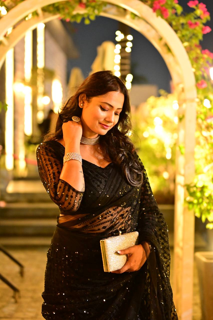 Dinner or Party Special Jet Black Sparkling Sequins Saree with Stitched Blouse