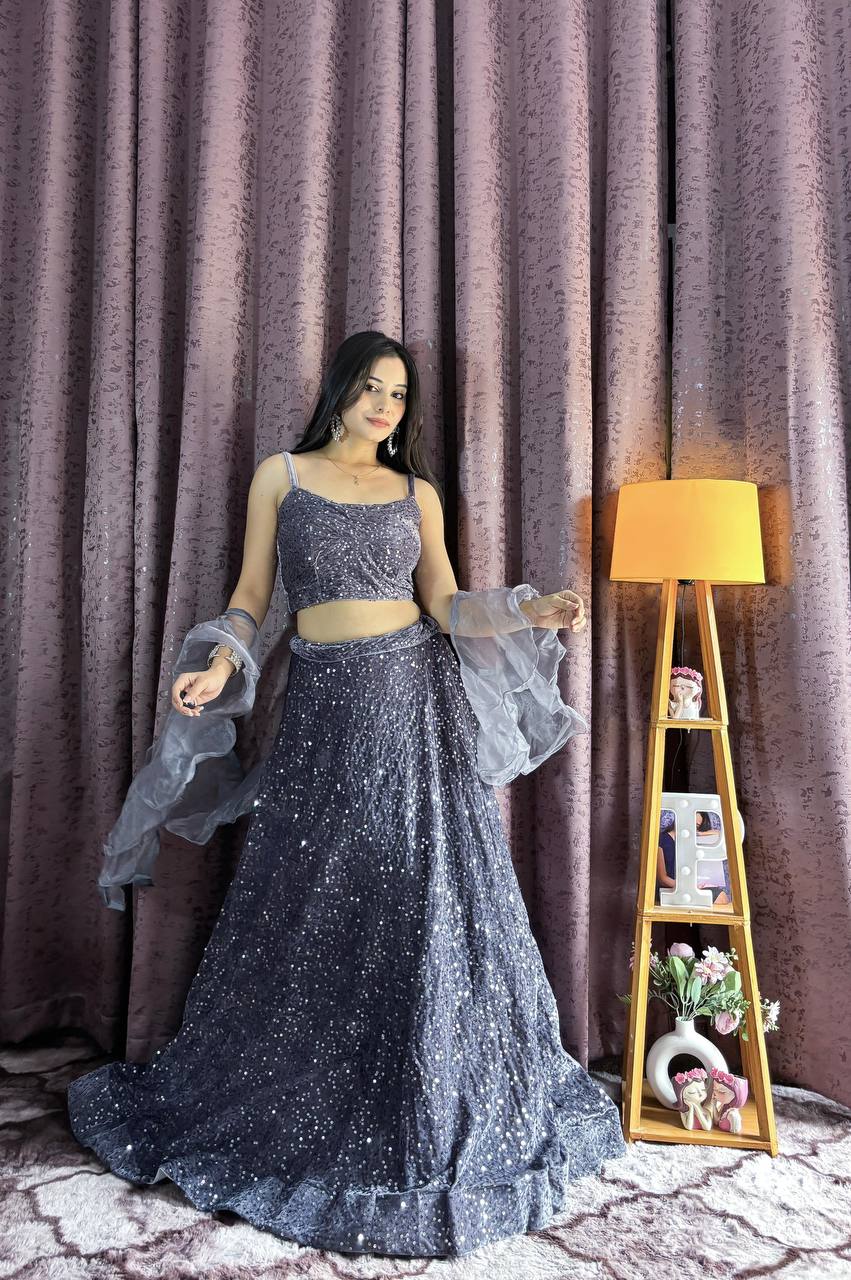 Grey Shimmering Fully Sequins work Lehenga Fully Stitched