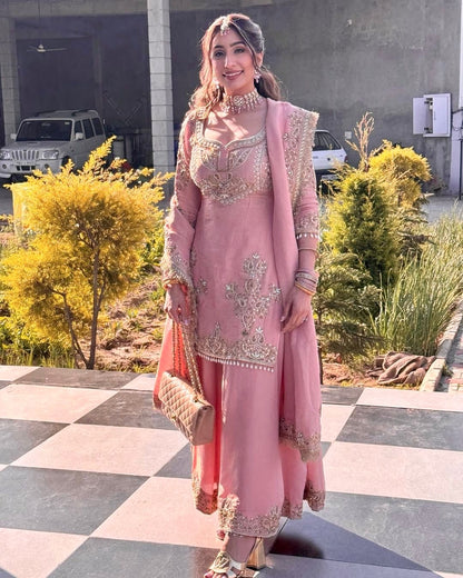 Baby Pink Beautiful Silk Sharara Suit Fully Stitched