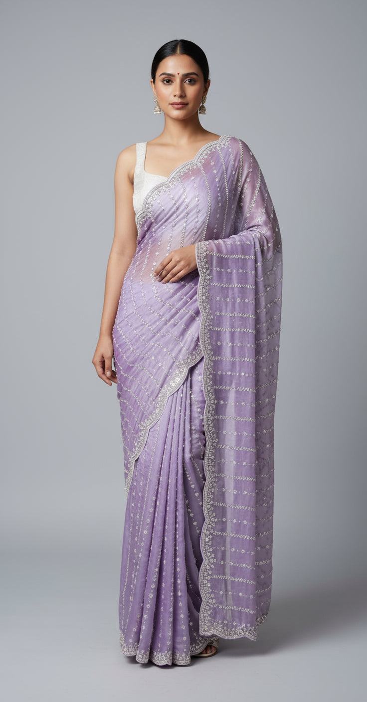 Person wearing a purple saree with white patterns indoors.
