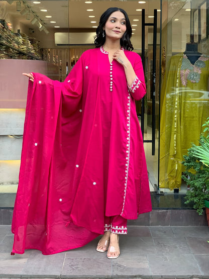 Rani Pink Soft Chanderi Minimal Kurti Set Fully Stitched