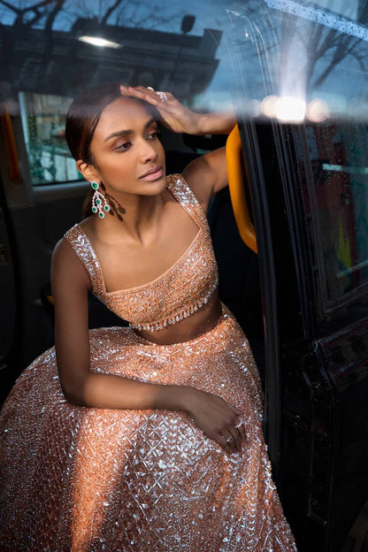 Premium Peach Net Lehenga with Sequins and Dori Work Fully Stitched