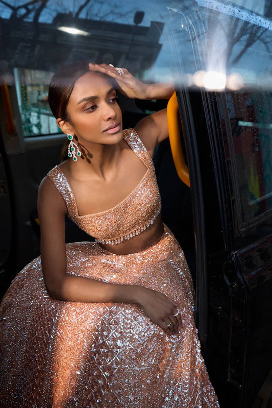 Premium Peach Net Lehenga with Sequins and Dori Work Fully Stitched