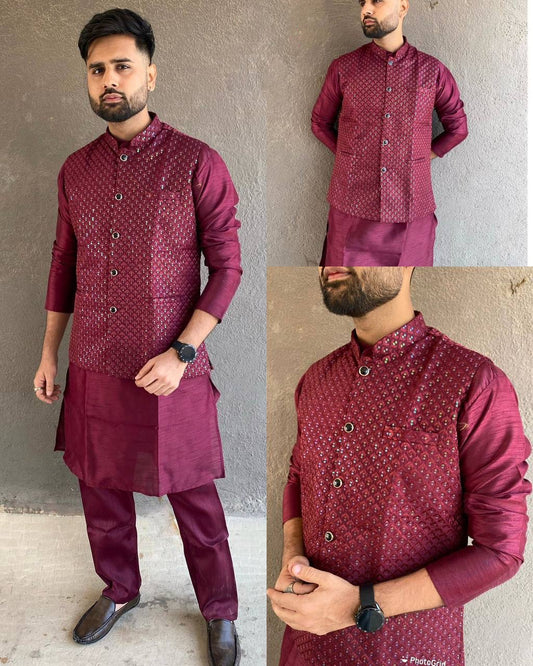 Premium wine colour silk fabric men's koti kurta with pajama