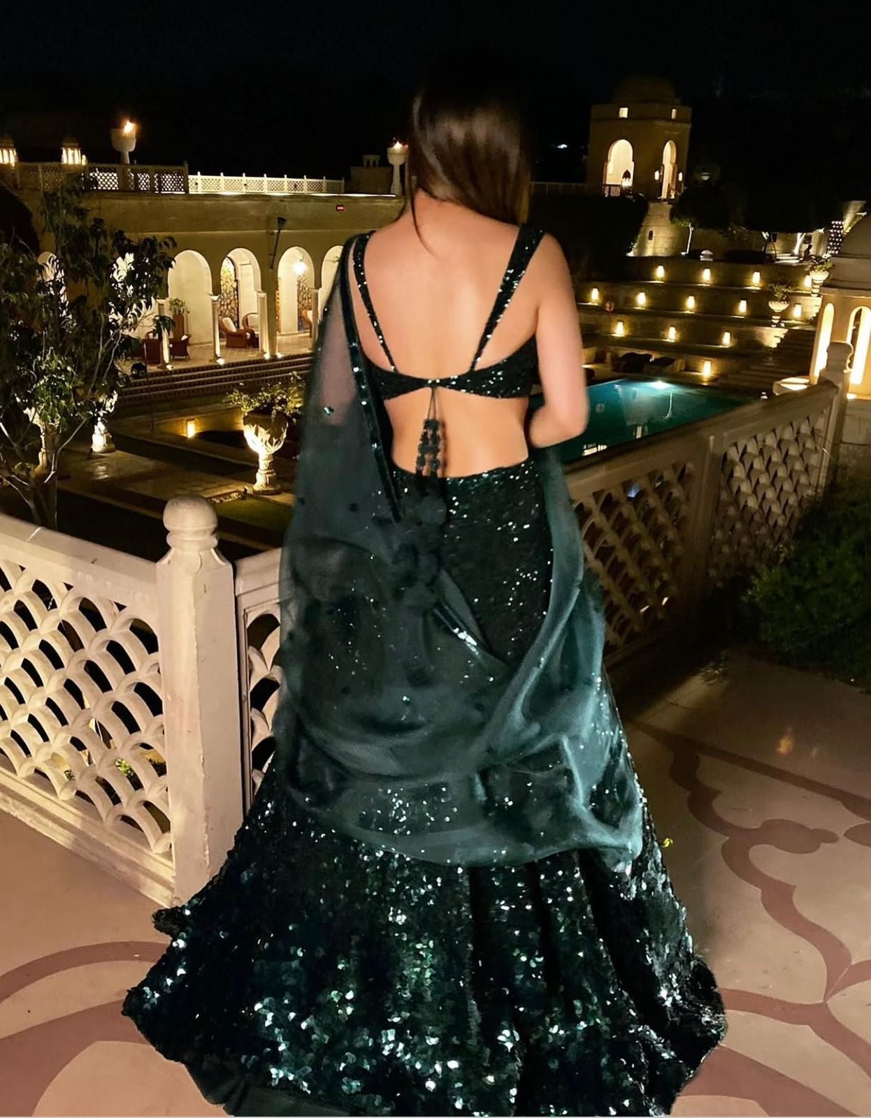 Emerald Green Georgette Sequins Work Lehenga Fully Stitched