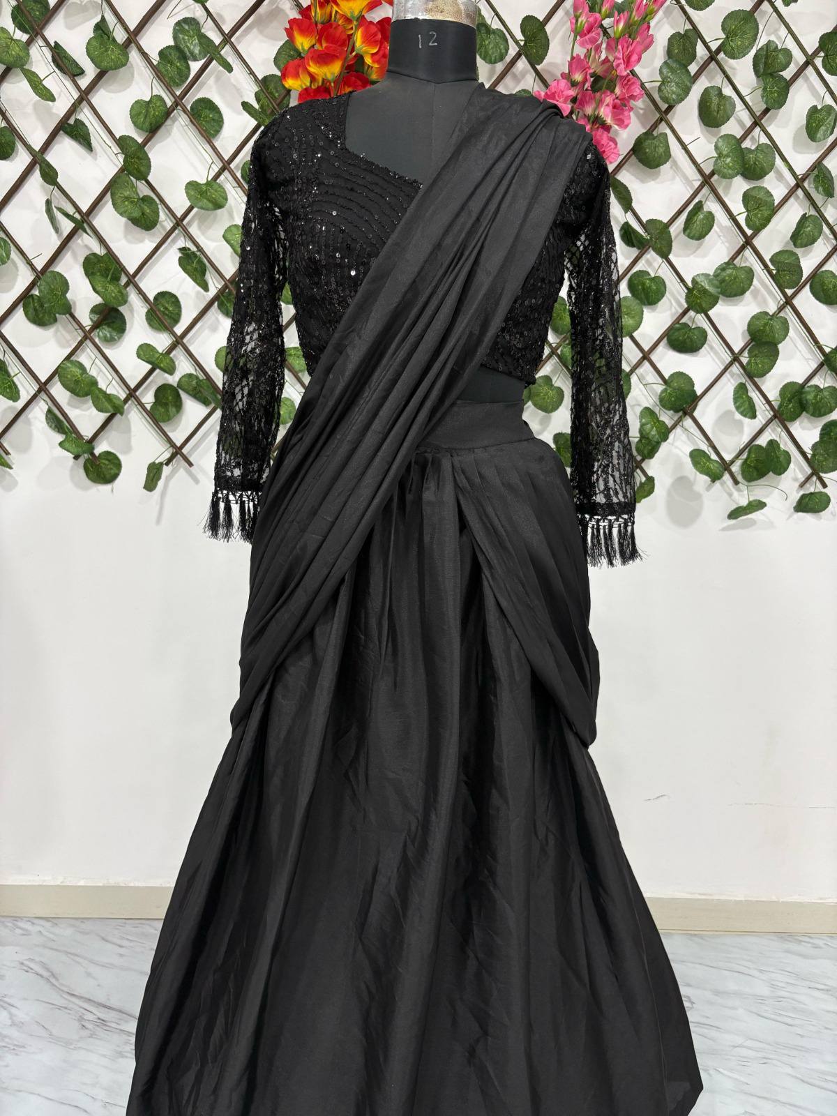Malaika - Jet Black Premium Silk Lehenga Fusion Saree for Dinner, Parties or Marriage Functions