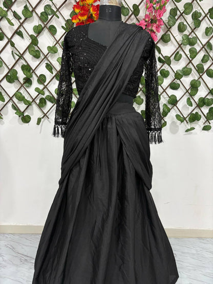 Malaika - Jet Black Premium Silk Lehenga Fusion Saree for Dinner, Parties or Marriage Functions
