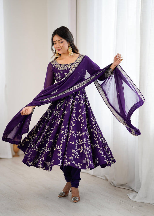 Preeva - Purple Soft Georgette with Full Embroidery Gown Fully Stitched