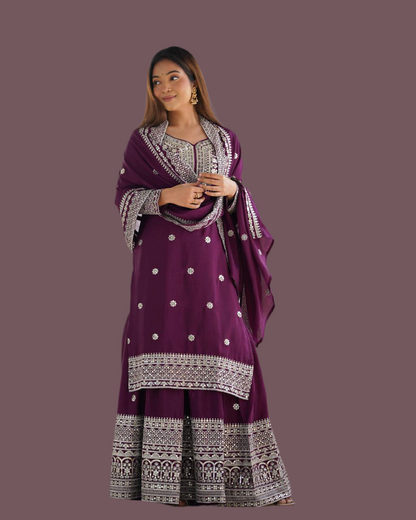 Purple wine Punjabi Sharara set fully stitched