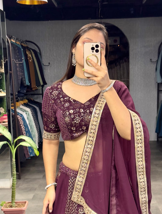 Trending wine colour lehenga georgette fabric and work fully stitched