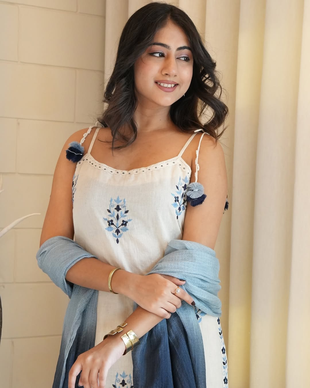 Premium White and Greyish Blue Cotton Sleeveless Kurti Set Fully Stitched