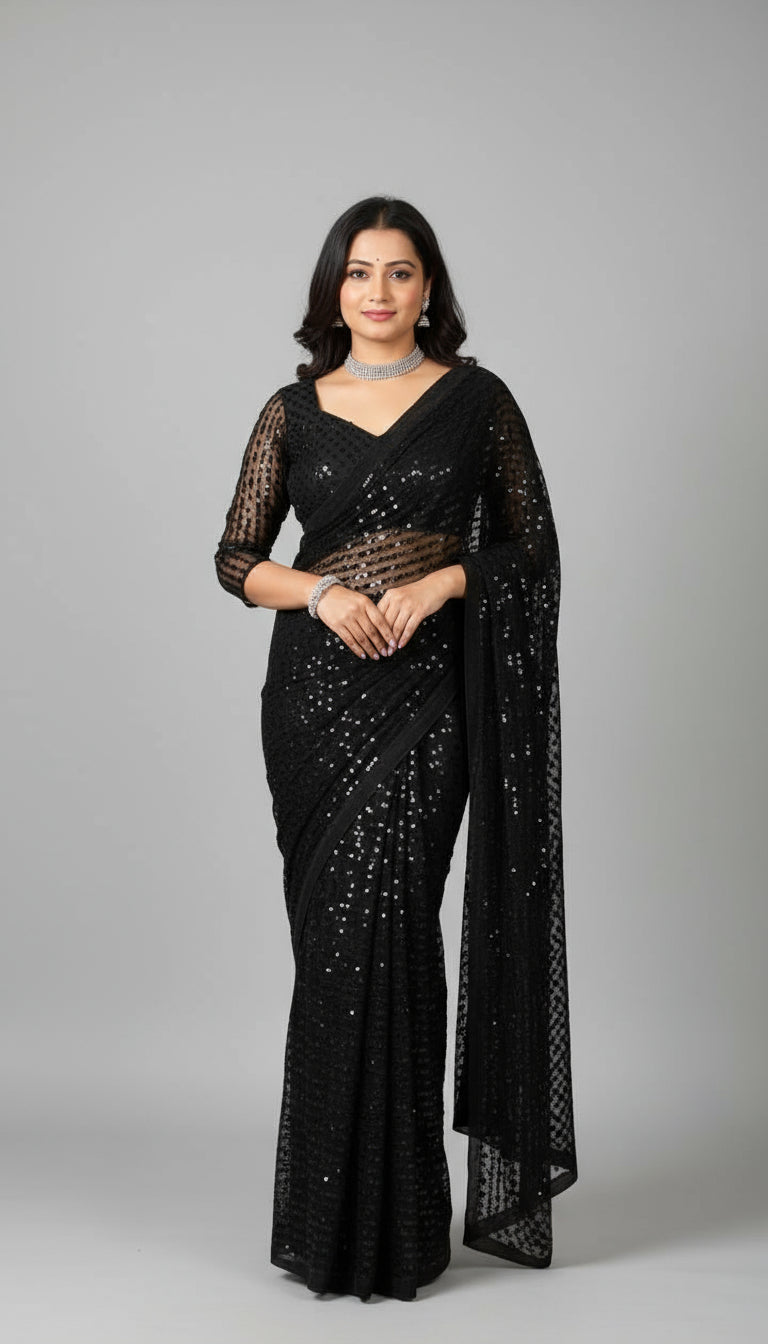 Woman in a black sequin dress posing outdoors with lights in the background