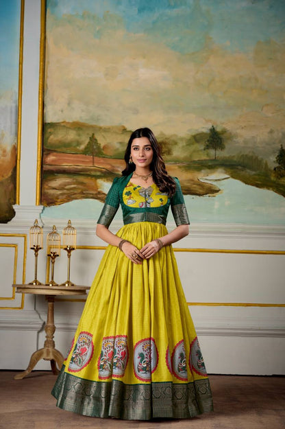 Beautiful Kalamkari Print Dola Silk Fully Stitched Gown