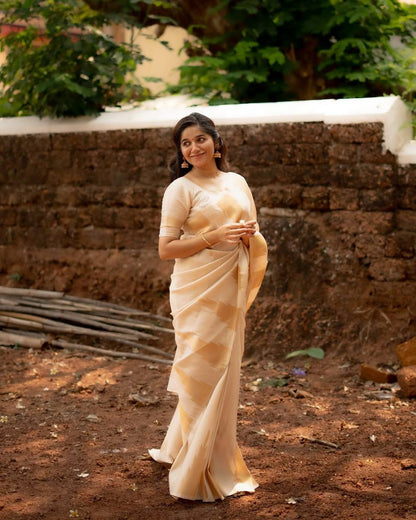 Off White Premium Banarasi Silk Saree with Stitched Blouse options