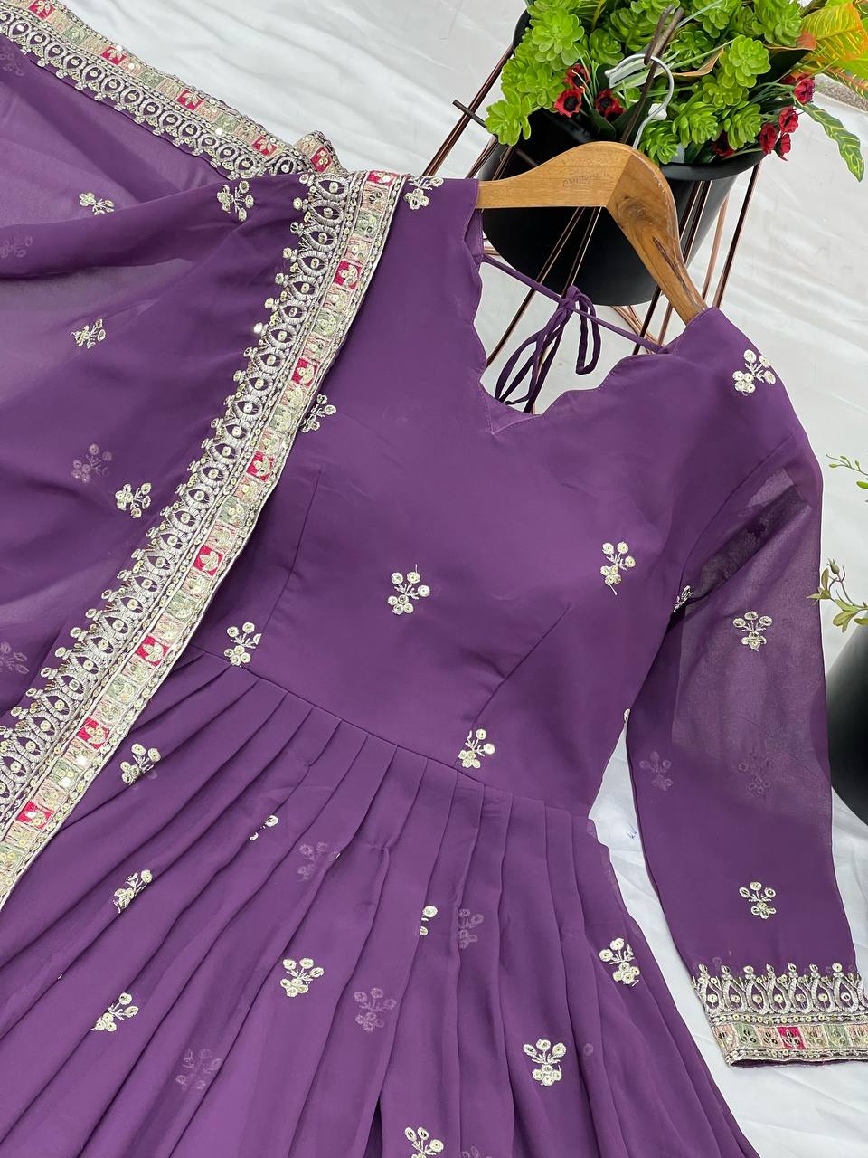Eggplant Purple Premium Embroidered Gown fully stitched