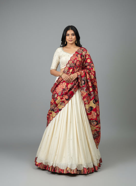 Woman taking a mirror selfie wearing a white and red patterned saree in a room.