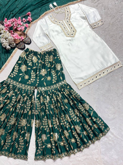 Green & White Punjabi Sharara set with Paper mirror work fully stitched