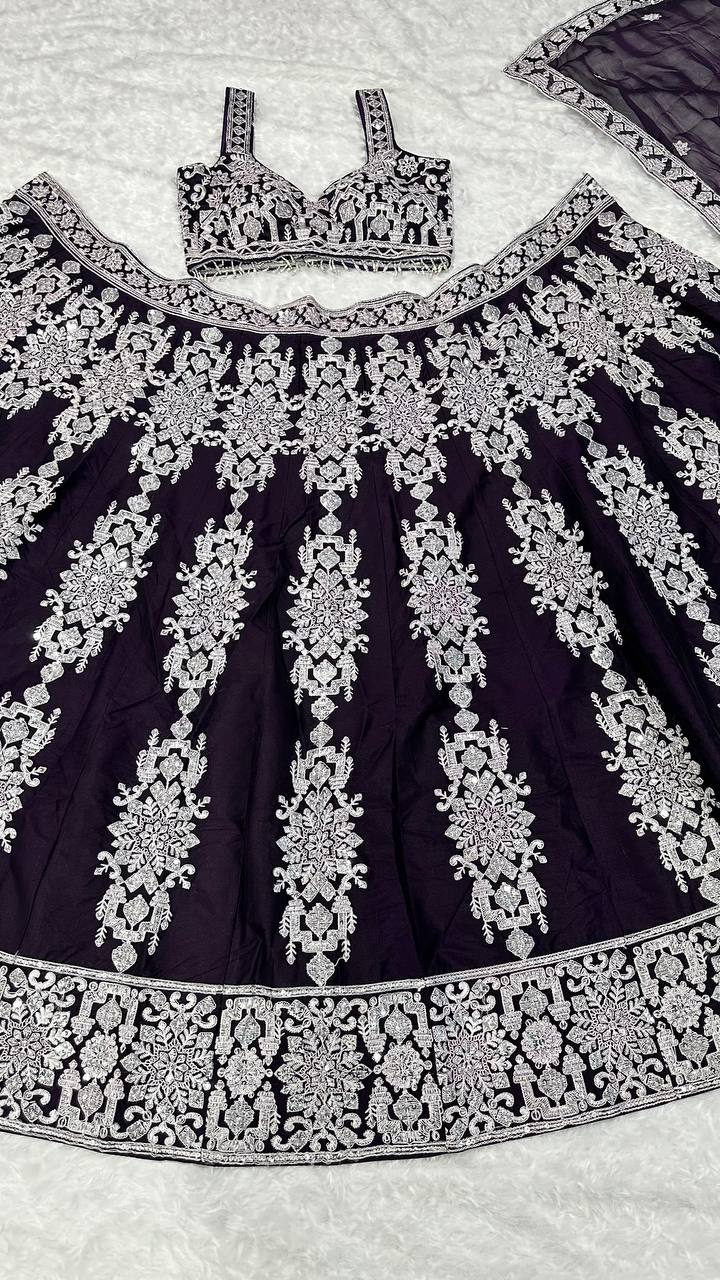 Black Silk Lehenga with White Threadwork Fully Stitched