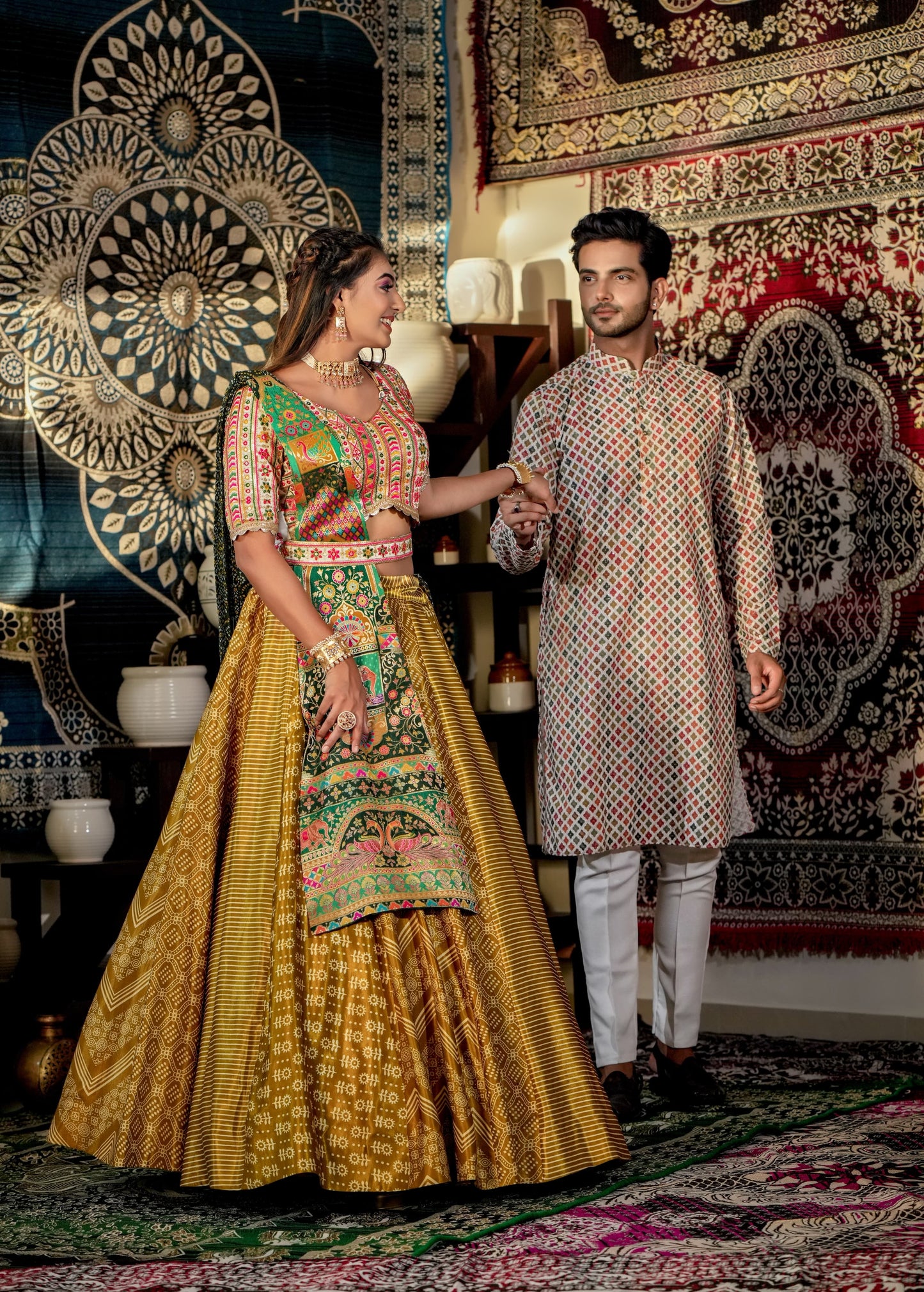 Vihangi- Mustard and green detailed print fully stitched lehenga