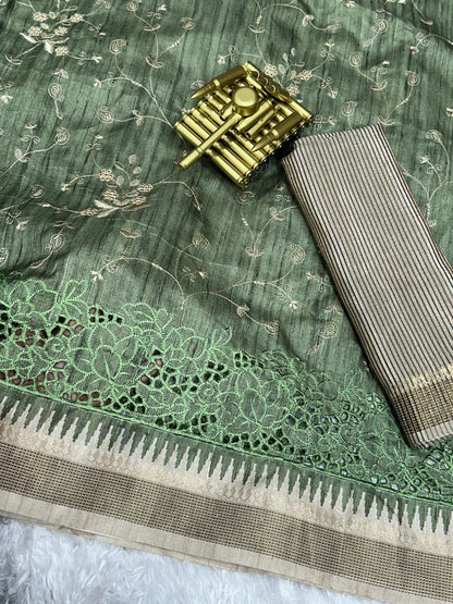 Evika - Premium Tussar Cotton Saree with Cut Work & Stitched Blouse