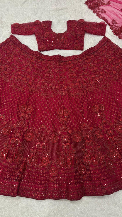 Rose Red Premium Floral Embellished With Pearl Work Lehenga