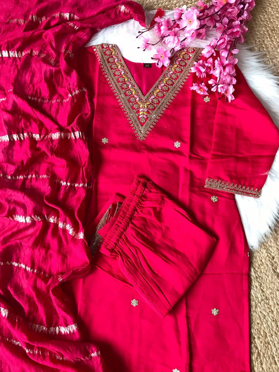 Rani Pink Premium Suit with Pant and Dupatta