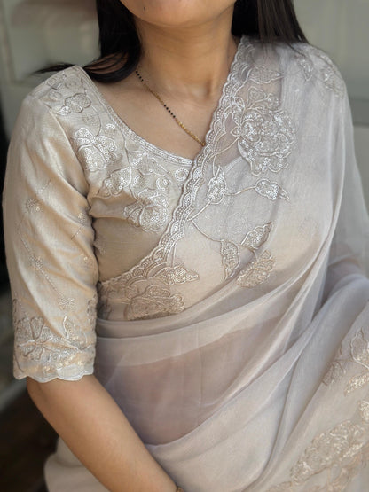 Pearl White soft Organza Silk Saree with Beautiful Silver Embroidery & Stitched Blouse Options