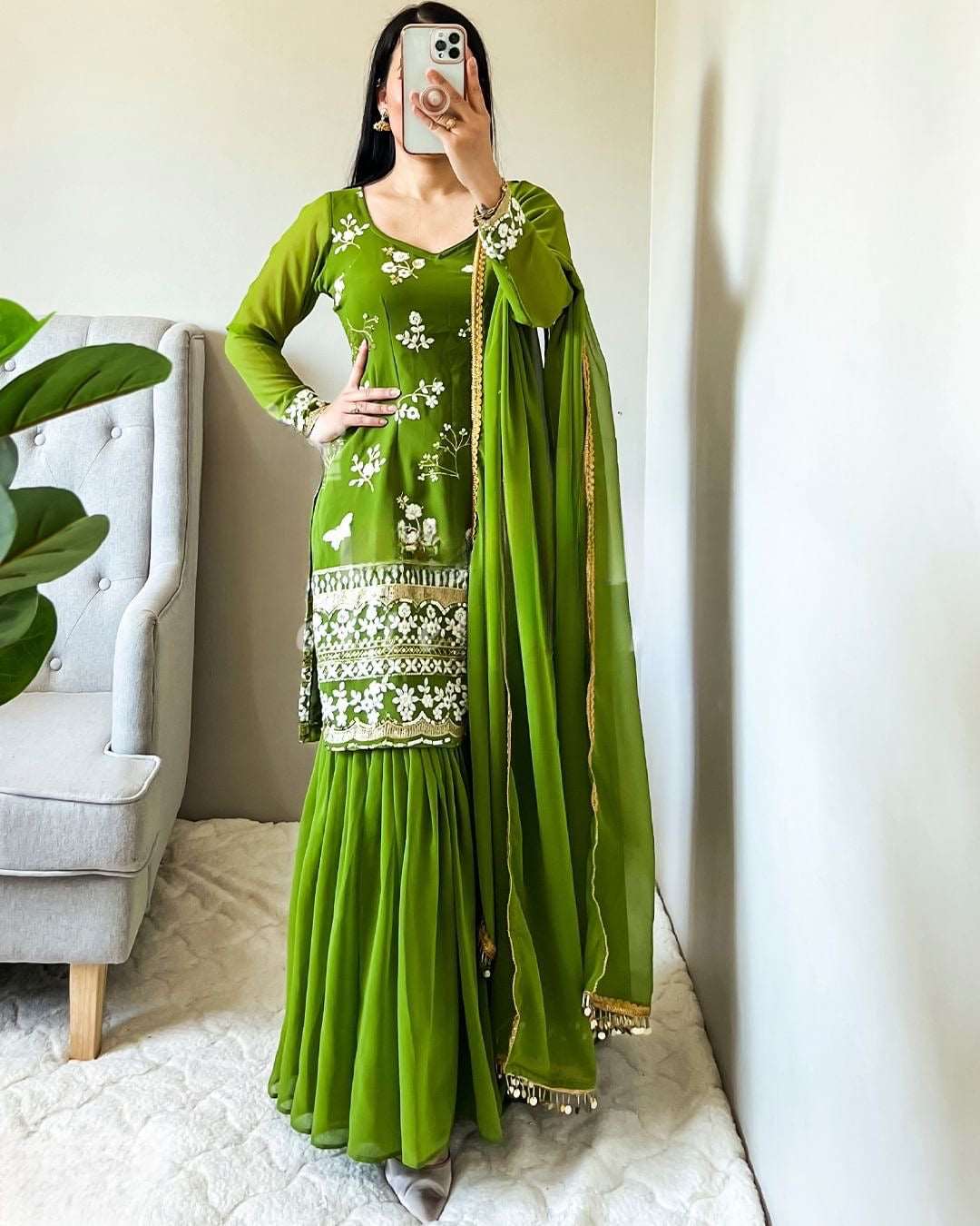 Green sharara set fully stitched