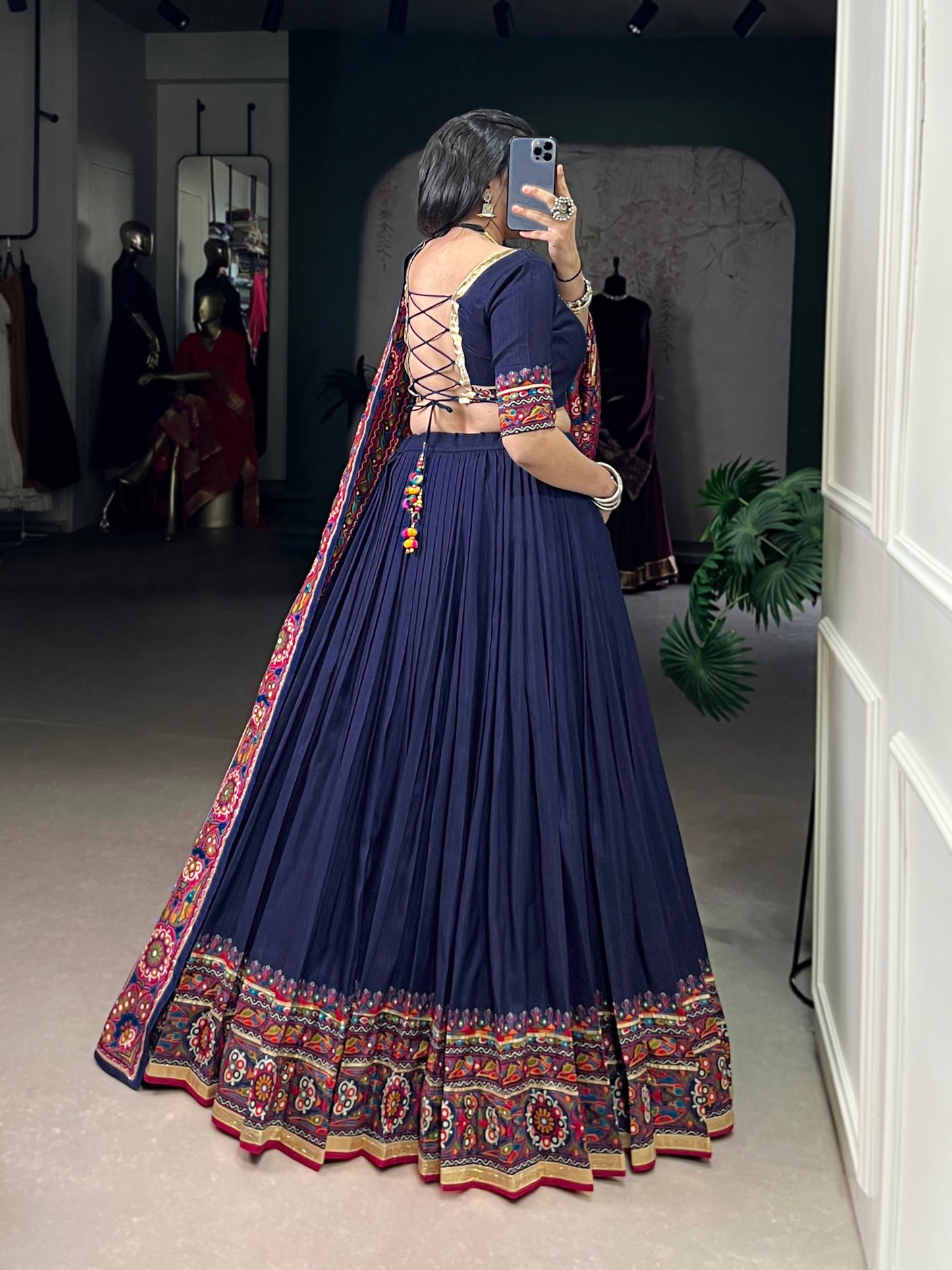 Gamthi Print and Embossed Lace Silk Chaniya Cholis for Navratri Fully Stitched