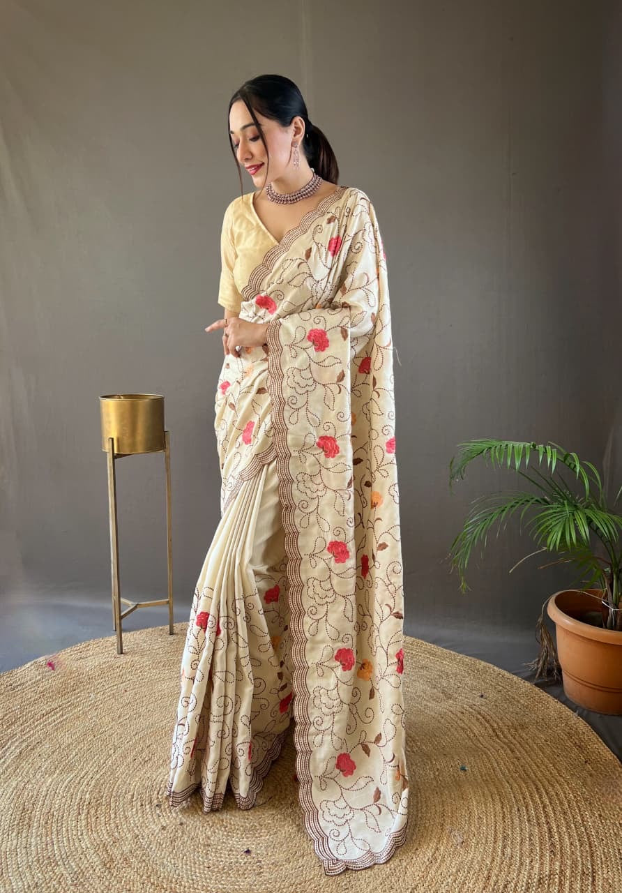 Kamya - Pure Tussar Silk with Jaal Embroidery Weaving with Stitched Blouse Options