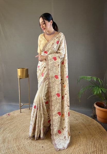 Kamya - Pure Tussar Silk with Jaal Embroidery Weaving with Stitched Blouse Options