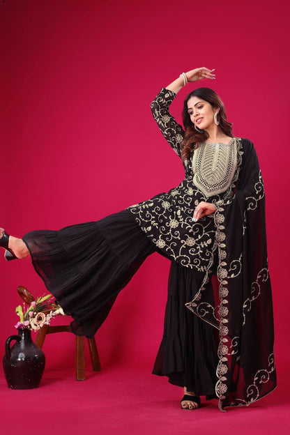 Soft Georgette Black Sharara Set Fully Stitched