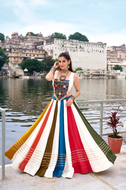 Shauryaa - Premium White Rayon Cotton Rainbow Styled Lehenga Cholis Fully Stitched