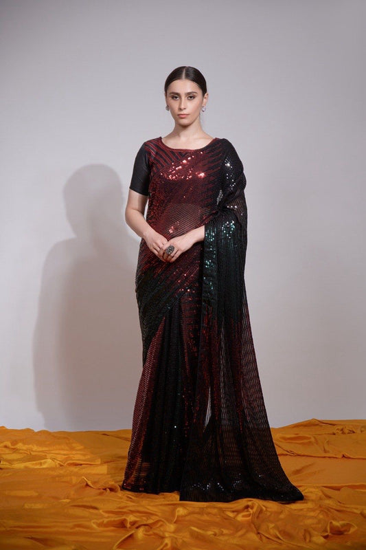 Premium Red & Black Bollywood Style Fully Sequins shimmering Saree with Stitched Blouse